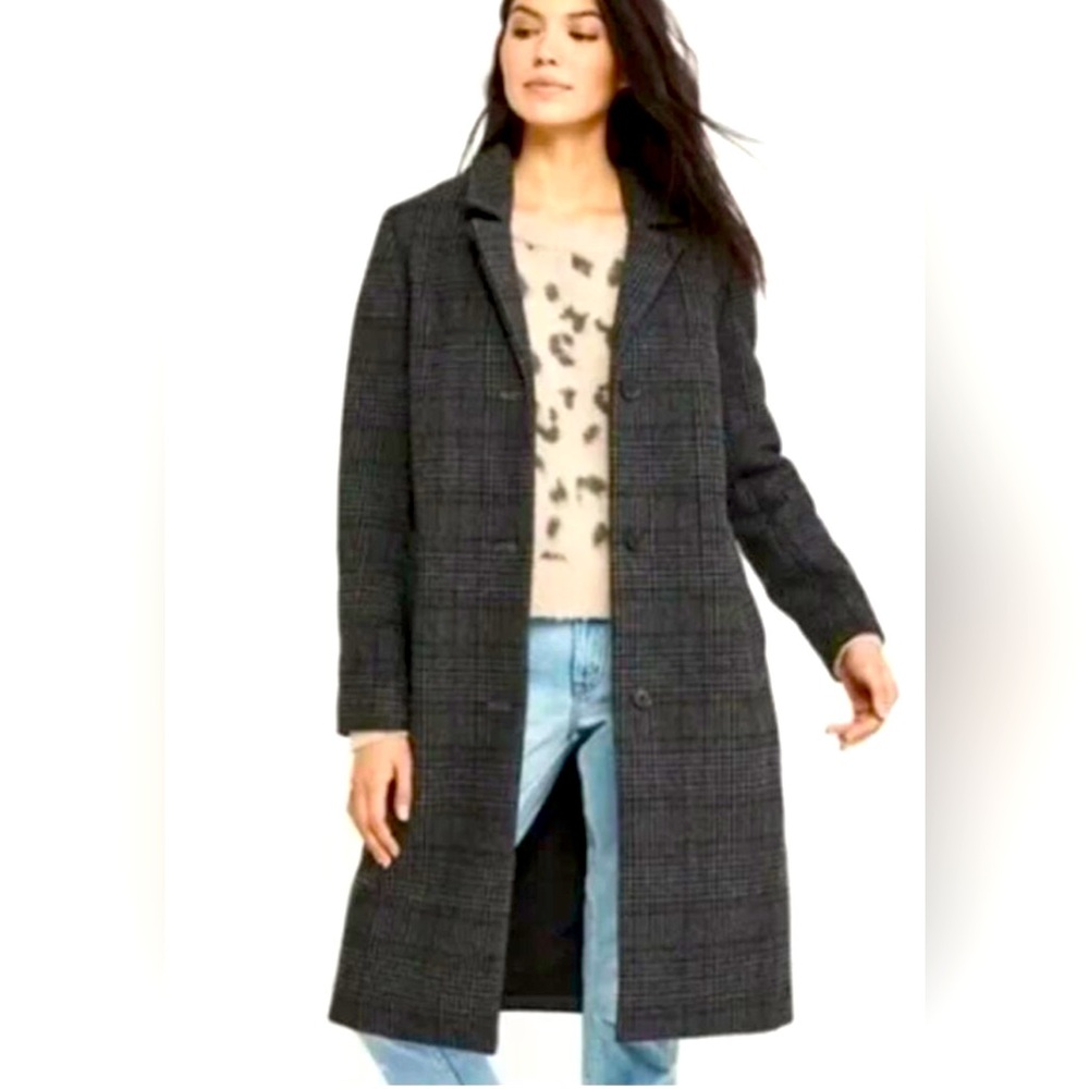 Abercrombie & Fitch Wool-Blend Topcoat Pea Coat Gray Plaid 3/4 Length XS